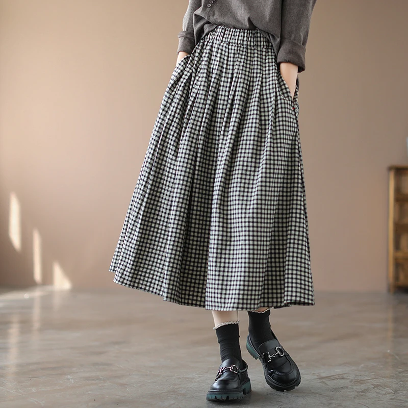 Retro Krata Bawełniano-Lniana Spódnica Midi Wiosenna Plus Size Damska Luźna Spódnica w Kształcie Litery A z Elastyczną Gumką w Pasie Wyszczuplająca Spódnica z Wysokim Stanem Wiosna Faion