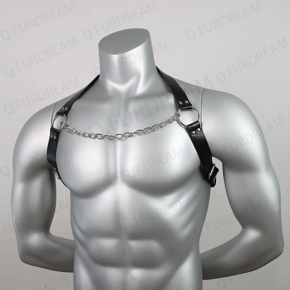 Black Harness with Chain Bondage Harness PU Leather Men Lingerie Body Harness Men Male Gay Harness Chest Bondage Top