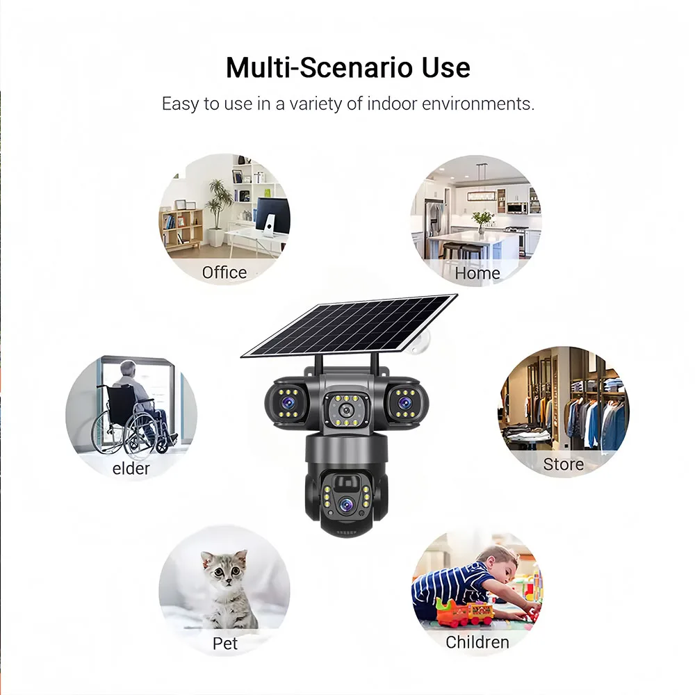 15MP كاميرا تعمل بالطاقة الشمسية ثلاثة عدسة الصوت في الهواء الطلق IP66 مقاوم للماء المدمج في بطارية الأمن CCTV HD 4G بطاقة SIM كاميرا شبكة مراقبة V380 Pro