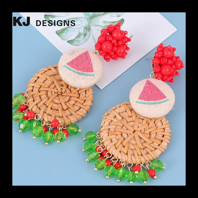 

Kinger, богемная женщина из ротанга, серьги-гвоздики с арбузным принтом и бисером, модные серьги-гвоздики оригинального дизайна