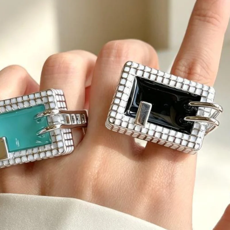 Mini Swimming Pool Shape Ring Enamel Grid Square Finger Ring Sweet Cool Y2K Exaggerated Girl Ring Party Fashion Jewelry Gift