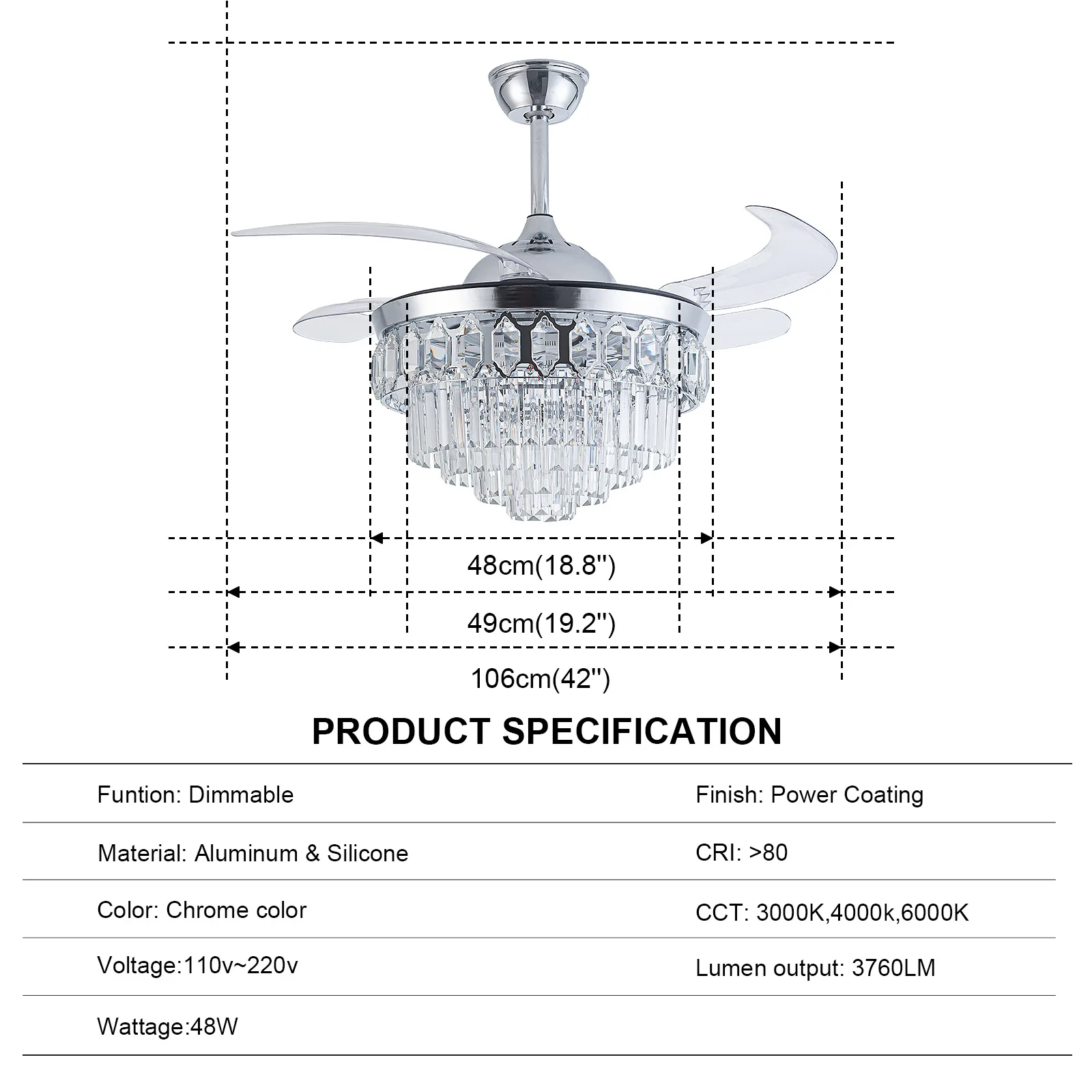 Imagem -06 - Ventilador de Teto Cristal com Luz Led Luz Invisível Moderna Sala de Estar Sala de Jantar Luxo 42 Polegada 48 Polegada