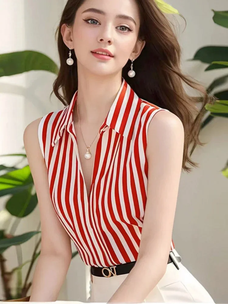 

British Polo Collar Sleeveless Chiffon Blouse Red Striped Temperament Women V-neck Elegant Shirts Slim Fit Summer Niche Clothes