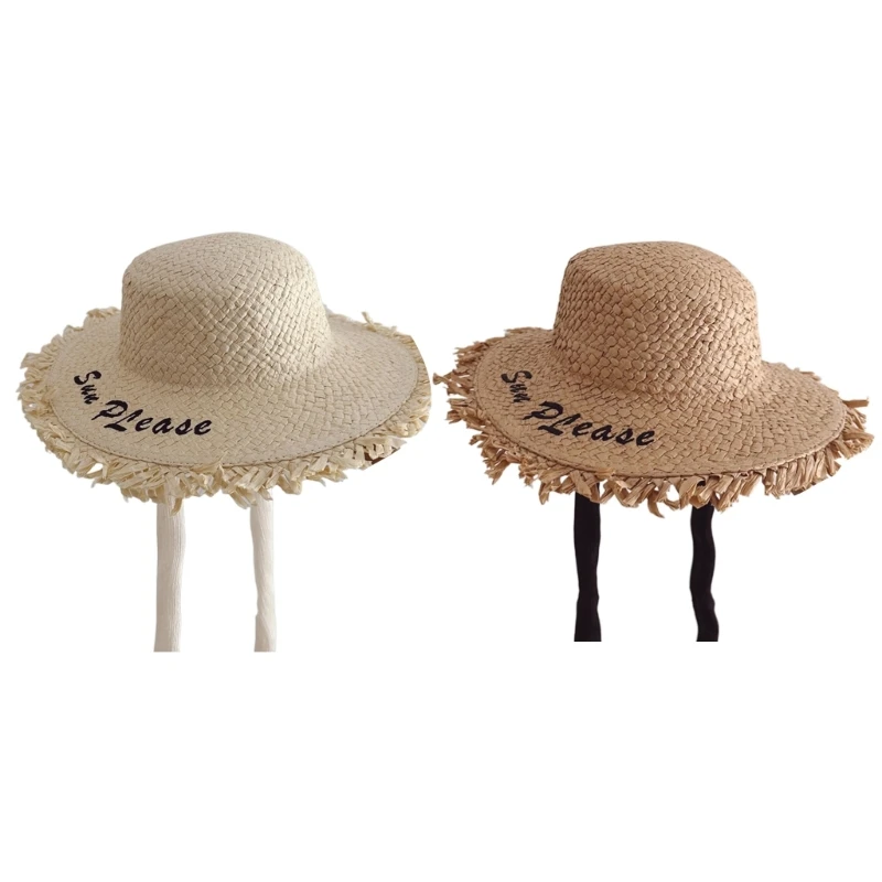 Kids Summer Straw Hat Embroidery Letter Large Brim Caps for Girl Sun Hat Toddlers Beach Hats Breathable Caps