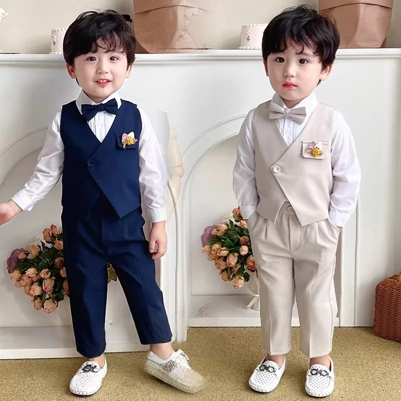Little Boys Summer Vest Pants Bowtie Brooch Photography Suit Kids First Birthday Host Show Dress Children Performance Custome