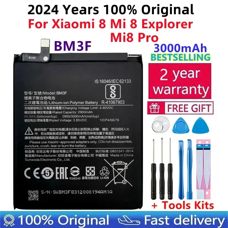 

2024 Years 100% Original BM3F 3000mAh Battery For Xiaomi 8 Mi 8 Explorer/Mi8 Pro Phone Replacement Batteries +Tools Free