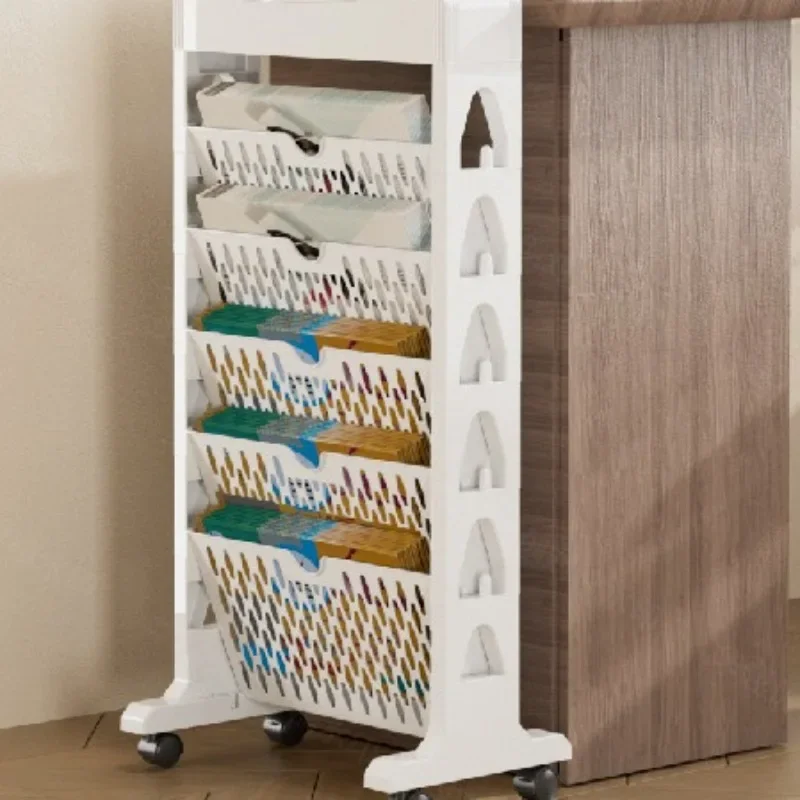 

Mobile plastic storage rack with , large capacity vertical bookshelf, office floor storage rack