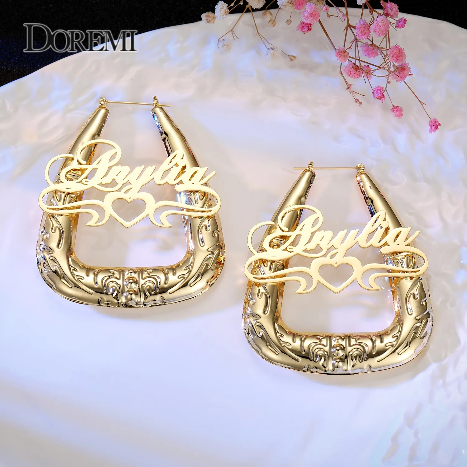 DOREMI 70mm Stainless Personalize Name Earrings for Women Bubble Triangle Customized Name Hoops Personalized Custom Jewelry