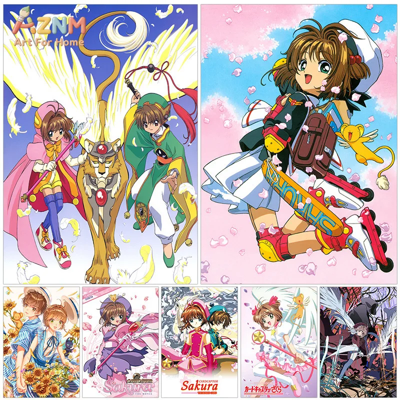 AZNM Cardcaptor Sakura Anime Canvas Wall Art, impressão de pôster de personagem clássico Kinomoto Sakura Syaoran Li Kero-chan, sem moldura
