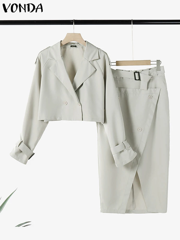 

VONDA Women Work Dress Sets 2024 Casual Turn-down Collar Tops Skirts Outfits Solid Color Elegant Party Two Piece Suits Oversized