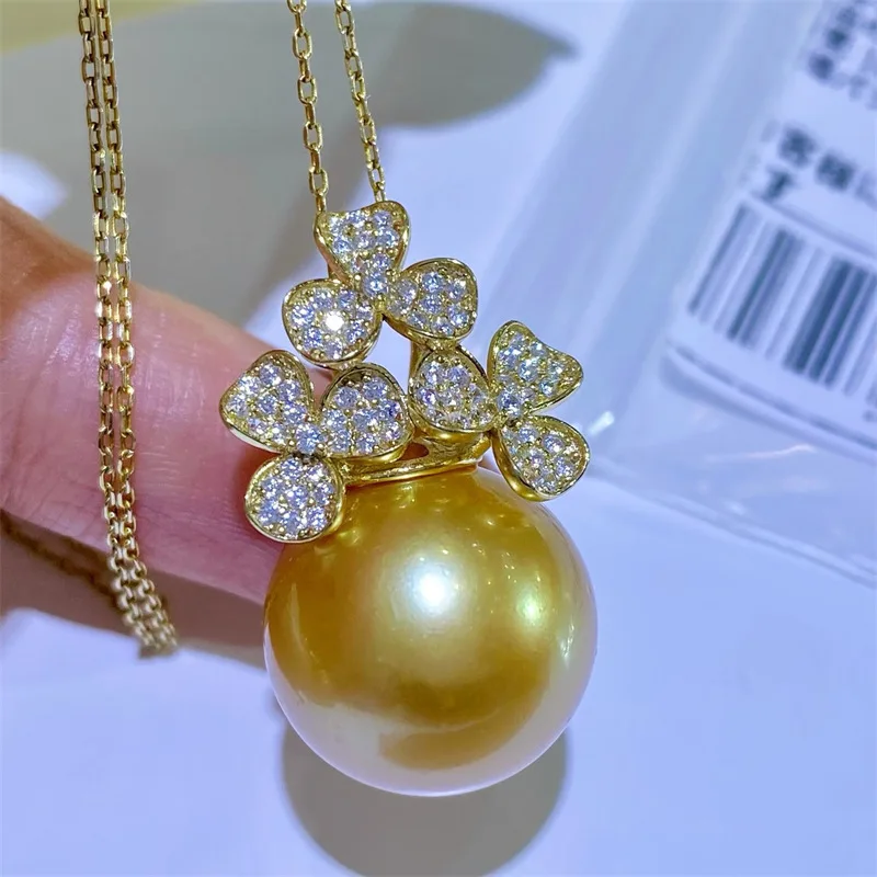 Copper plated micro smiling face 9-10mm 11-12mm 12-13mm south sea gold round pearl classic pendant 18inch