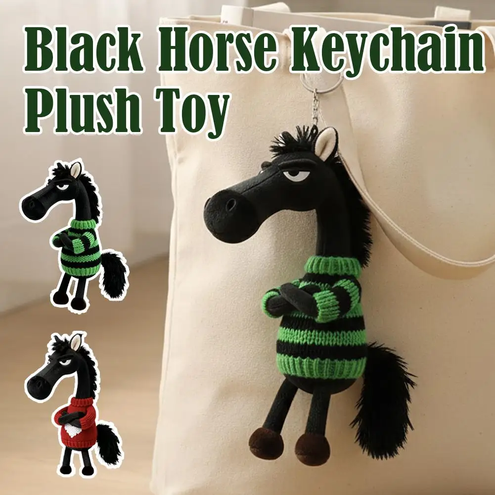 พวงกุญแจตุ๊กตาม้าสีดำการ์ตูนปี 2026 ตุ๊กตาม้าปีใหม่ประจำปีม้า ของเล่นตุ๊กตาม้าติดกระเป๋าเป้ ของขวัญ