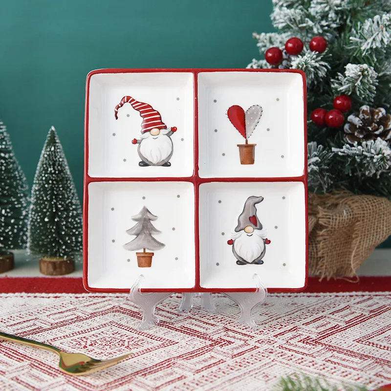 

Nordic Country Christmas Snowman Ceramic Plate Home Use Diningware Four Grid Relief Western Style Partition Dessert Plate