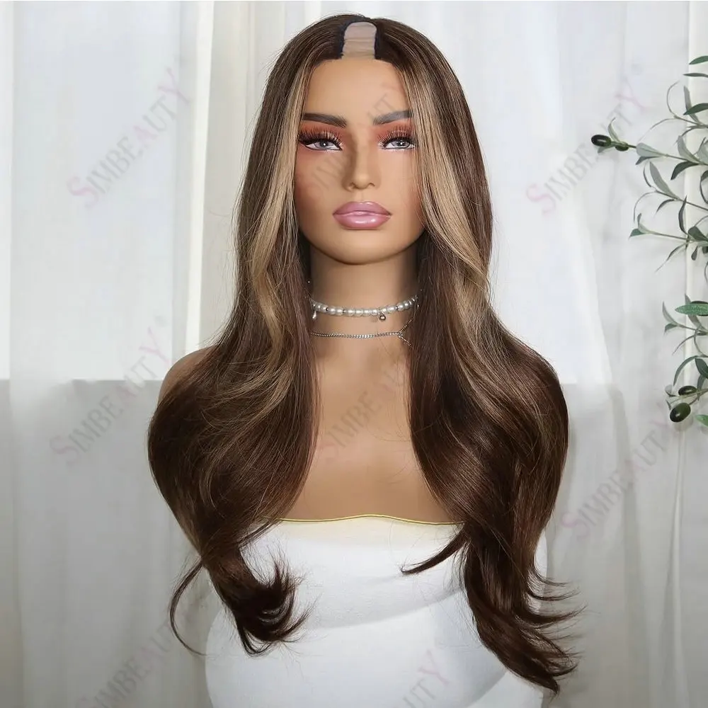 

Adjustable V Part Wig Remy Human Hair Honey Blonde Hightlight Slightly Wave for Women 1*4 Size U Part Wig with Clips Easy Wear