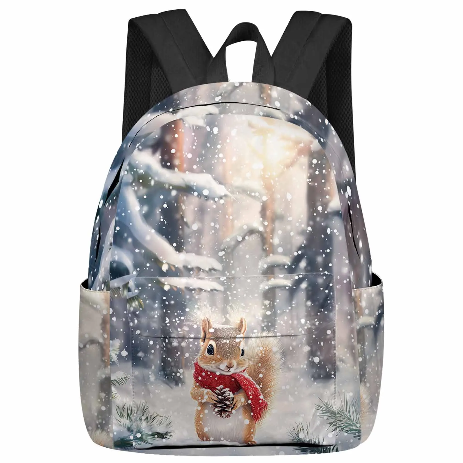 Snowflake Squirrel Pine Tree Backpack Teenagers Student School Bags Laptop Custom Backpack for Men Women Travel Bag