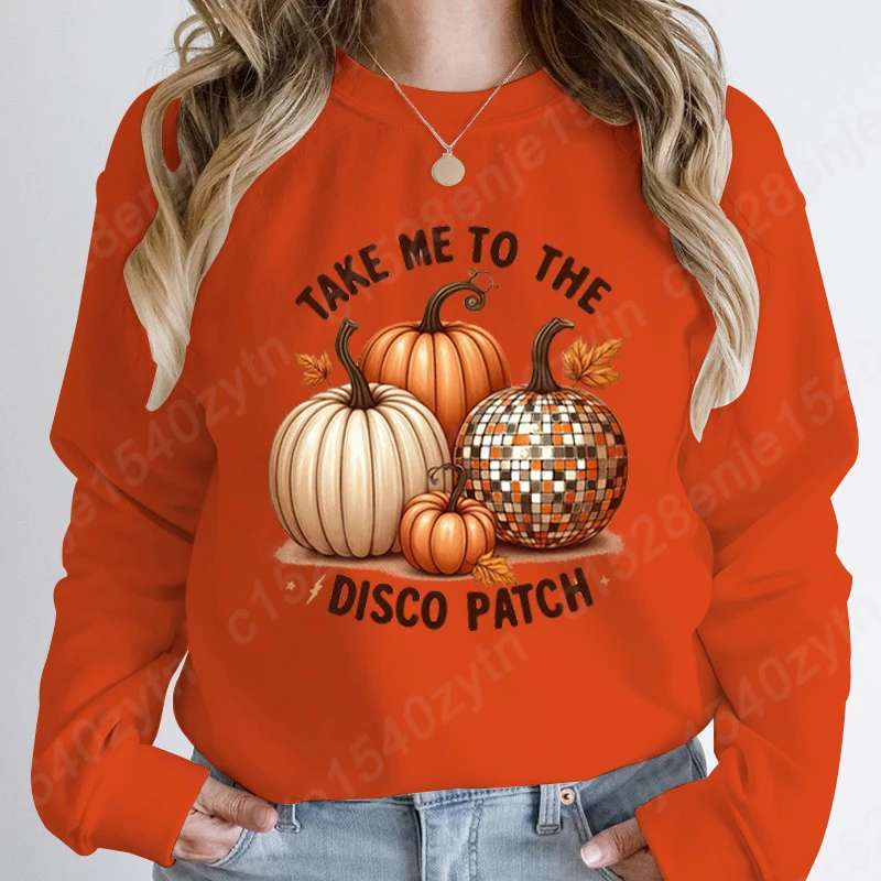 

Pumpkin Take Me To The Disco Patch Print Ladies Hoodless Pullover Women Autumn And Winter Pullover Ladies Round Neck Sweatshirts