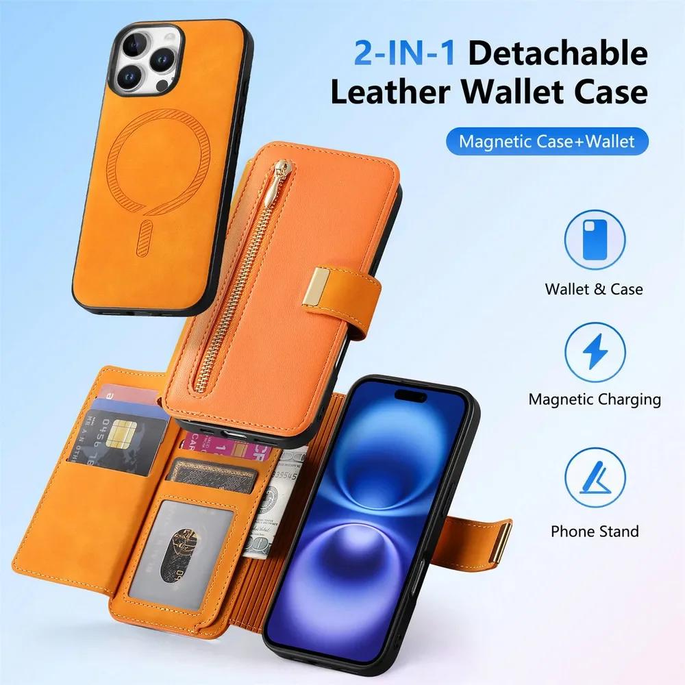 Luxury Case For iPhone 17 17E 16E 16 15 14 13 12 11 Pro Max Xs Xr 7 8 Plus SE 2022 2In1 Detachable Leather Zipper Wallet Cover