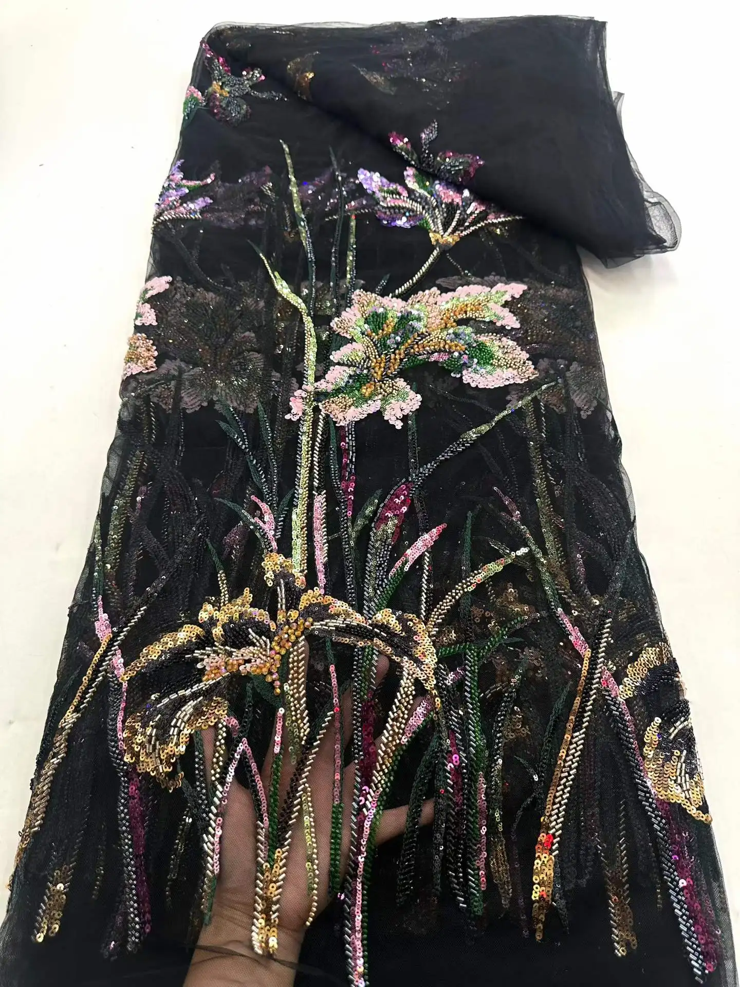 

Французские кружевные ткани 2026: Высококачественный африканский тюль с вышивкой бисером и пайетками, 5 ярдов, для пошива праздничных платьев