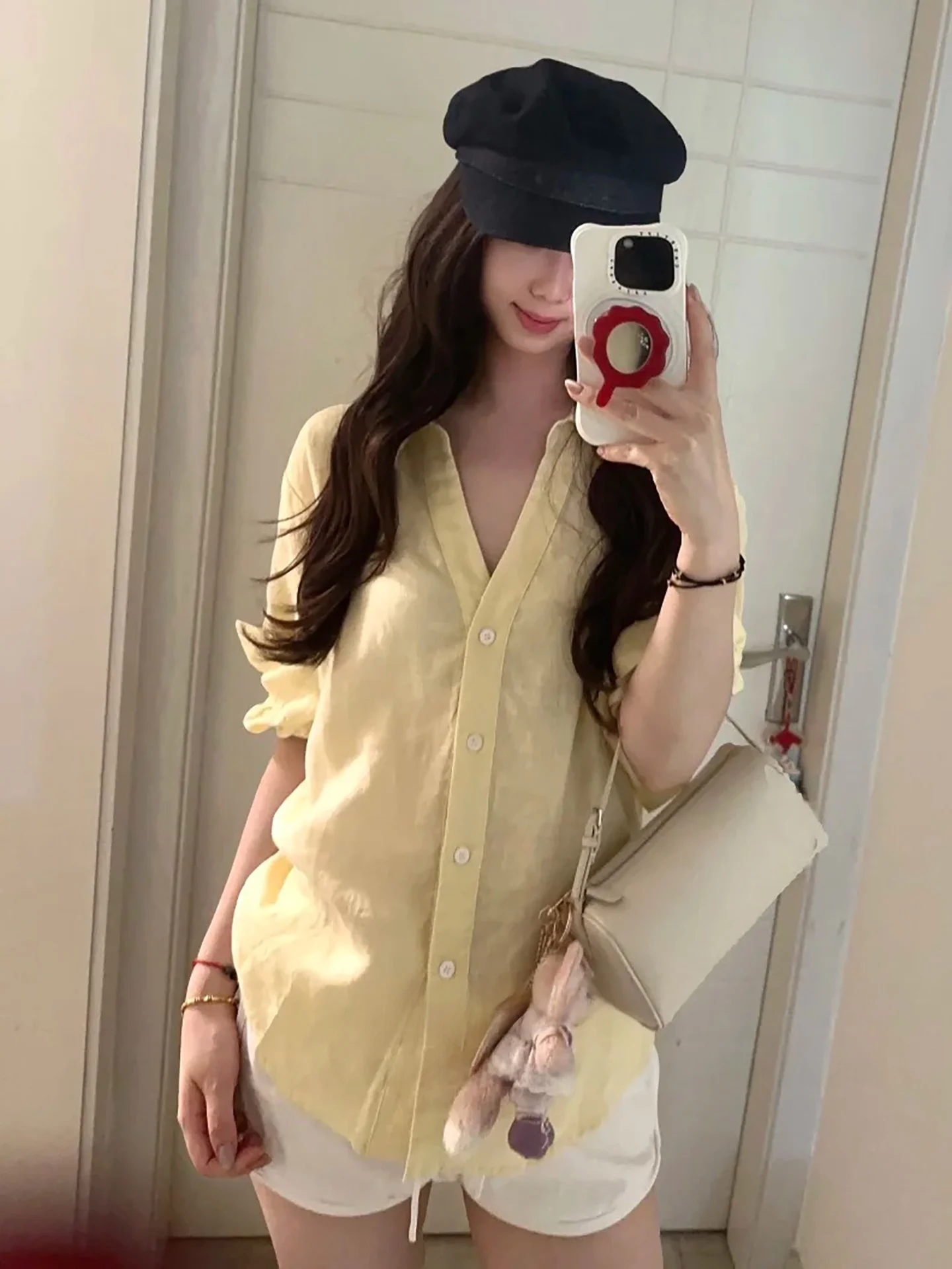 

Желтая женская рубашка из смесового льна с рукавом до локтя, V-образным вырезом, во французском стиле, приталенная, летняя новинка, модный топ