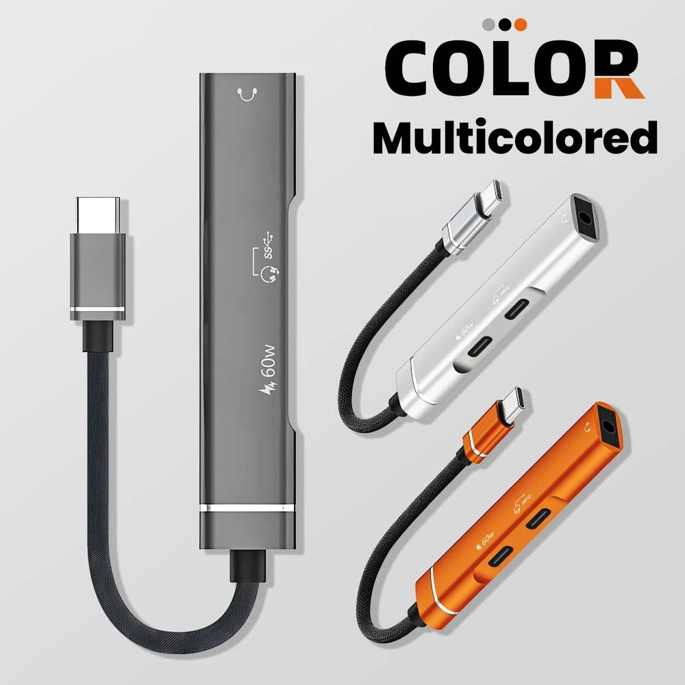 USB C 3 in 1 Hub Splitter Type-C PD 60W Fast Charge Adapter DAC OTG Converter For Iphone 15 16 Xiaomi Samsung MacBook Computer