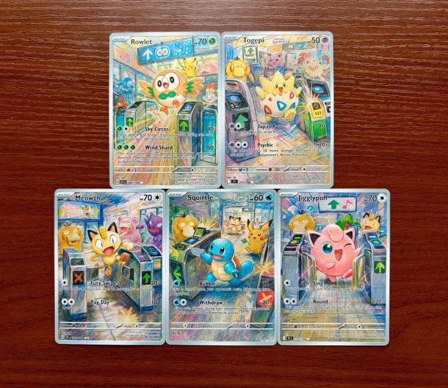 5Pcs PTCG Cards Rowlet Togepi Meowth Squirtle Jigglypuff Crayon Series PTCG Collection Holo Cards Anime Toys PTCG Gift