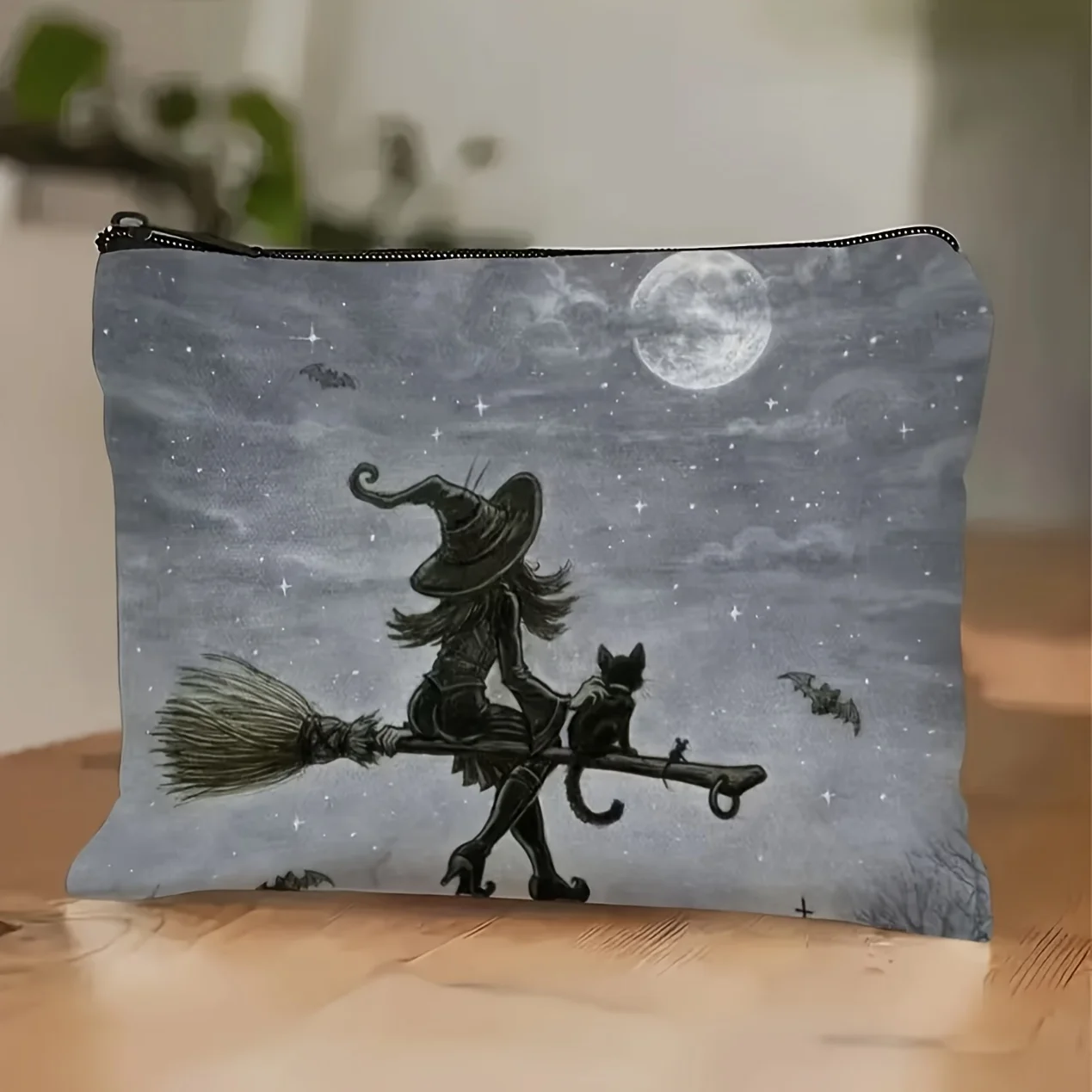 A Witch and Cat Makeup Bag - Women's Cute Multifunctional Zipper Pouch, Jewelry Storage Bag