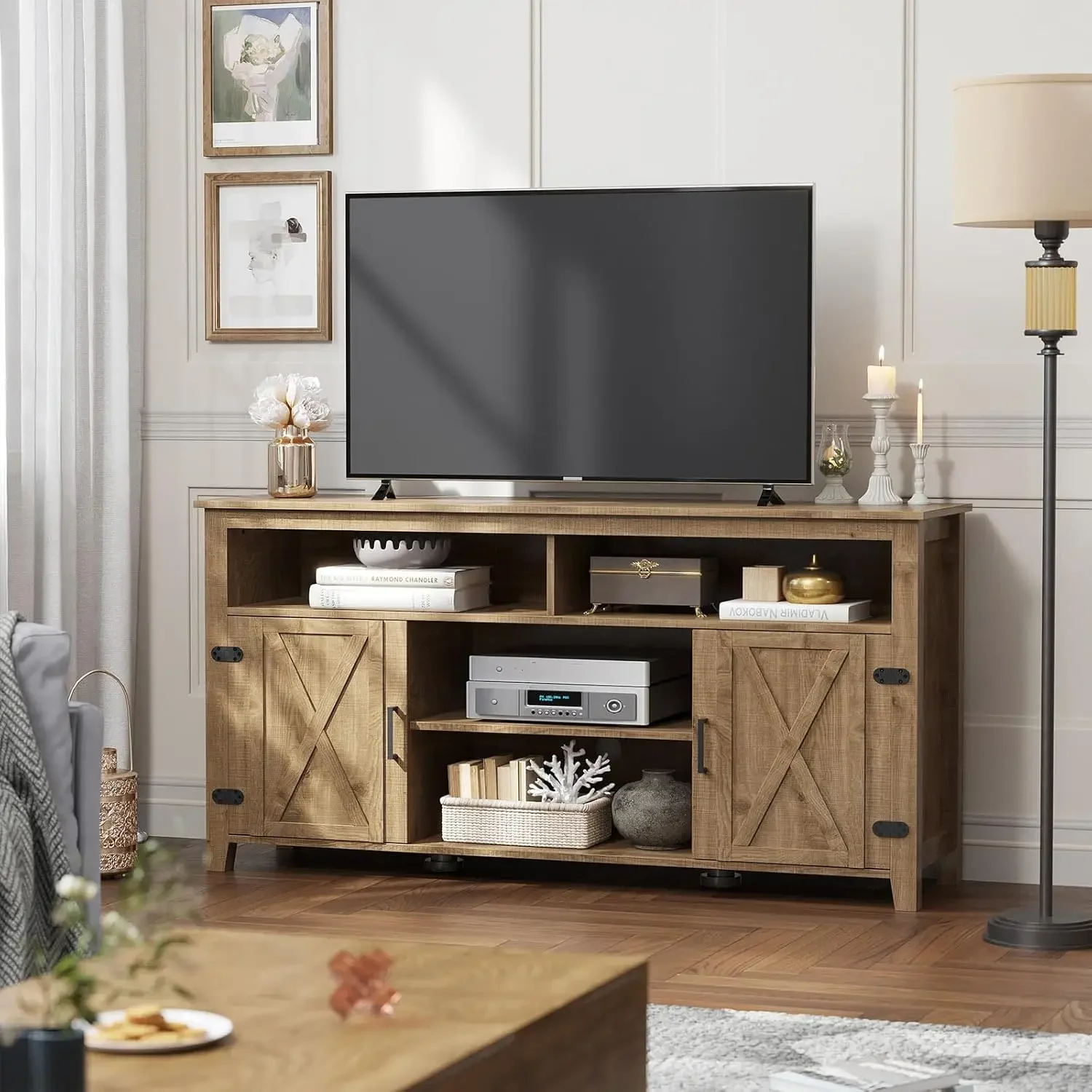 TV Stand Farmhouse Entertainment Center for 65 Inch TV, Rustic TV Console with Storage and Barn Door, Console Table Med