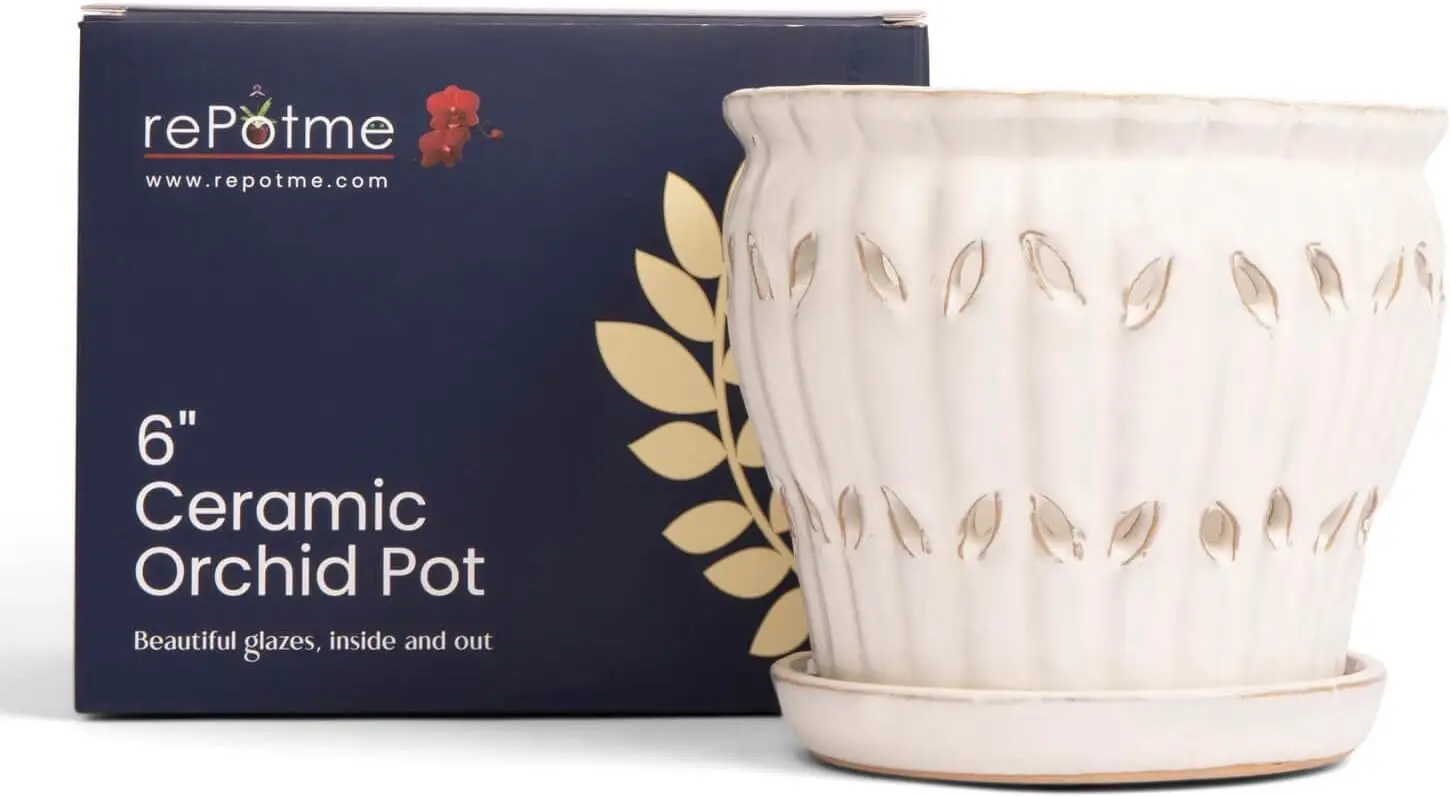 White Diamond 6-inch Ceramic Orchid Pot with Holes, Includes Free 6-inch Slotted Liner