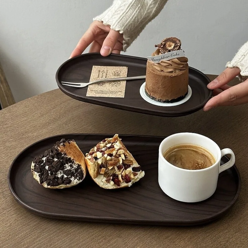 Vintage Plastic Oval Tray Walnut Wood Grain Table Deocr Tea Trays Smooth Surface Afternoon Tea Dessert Plate Home