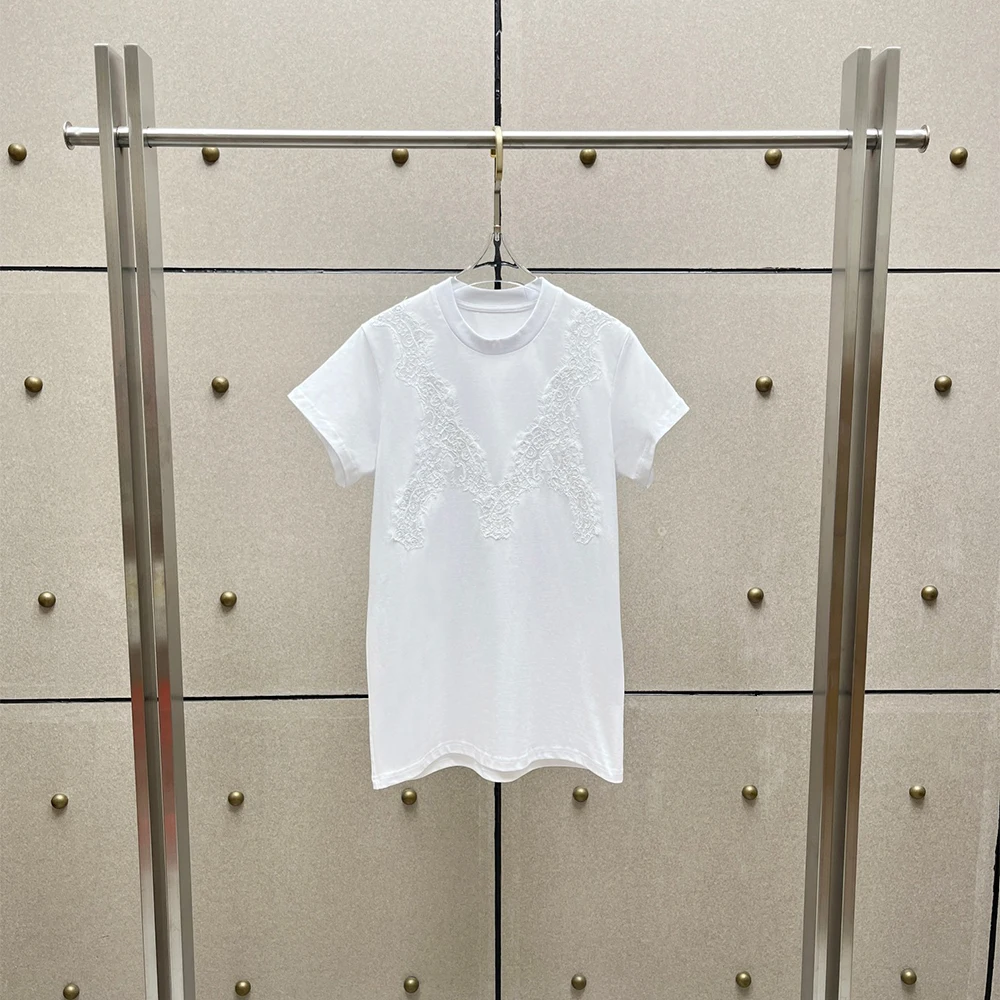 Ladies Pure Cotton T-shirt Lace Splicing Crewneck Short Sleeve Shirts Loose Casual Elegant Women Daily Basic Tees Streetwear