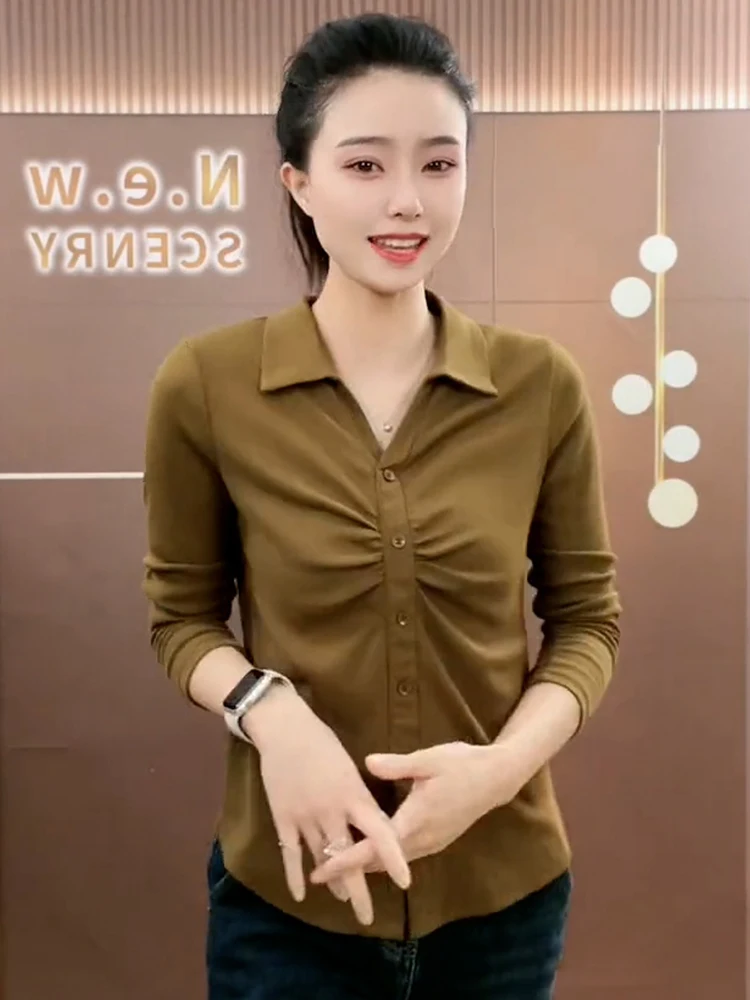 Camiseta Casual Longa Feminina em Algodão Puro Moda Primavera Outono Nova Camiseta Cardigan Dobrada Confortável e Respirável