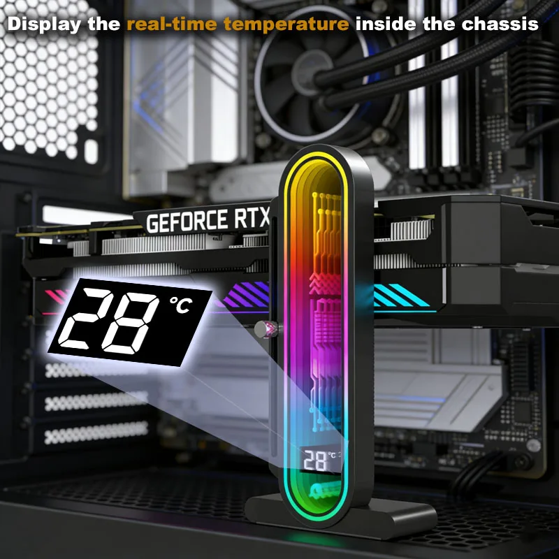 ARGB GPU Support Bracket, Infinite Mirror Effect, Height Adjustable, Internal Case Temp Display, Graphics Card Holder