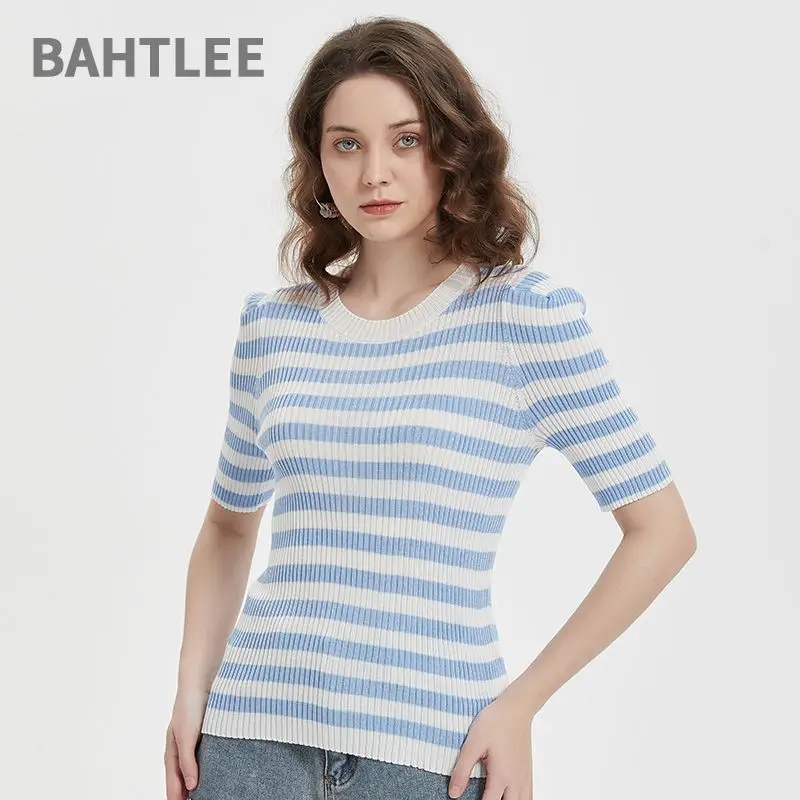 

BAHTLEE-Women's 100% Lyocell Striped Slim O-neck Sweater, Elastic Knit Pullover, Preppy Style, Short Sleeve, Summer