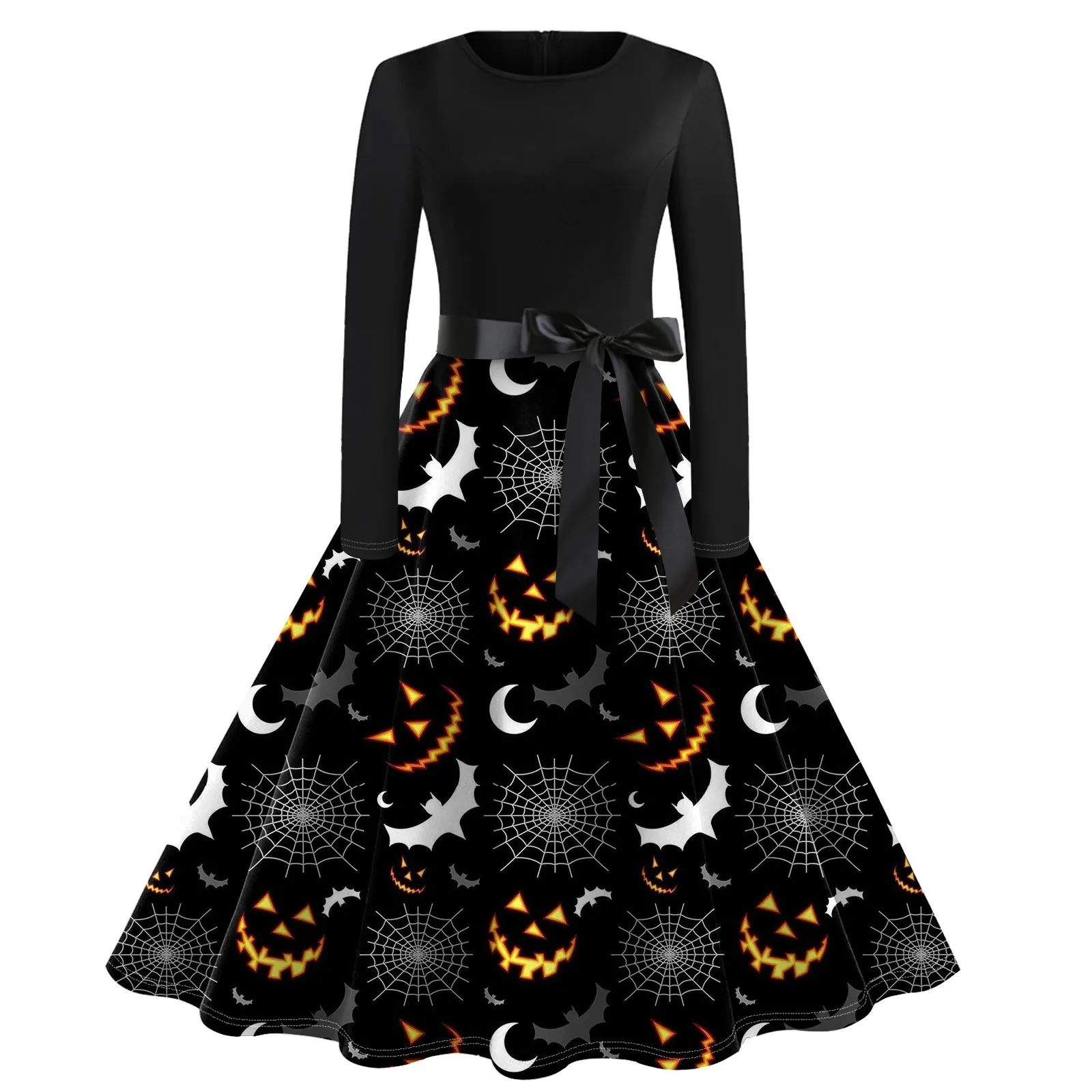 Halloweenowa sukienka z nadrukiem Flare dla kobiet Sukienka z długim rękawem Hollow Party Casual Sukienki plus size sukienki eleganckie sukienki