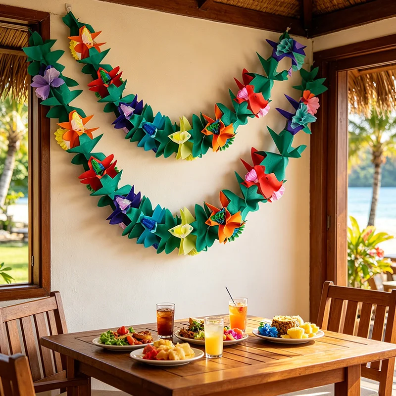 Hawaiian Luau Summer Tiki Bar Tropical Party Decor, Tropical Island Beach Supplies Tissue Colour Flower Garland Long Trop