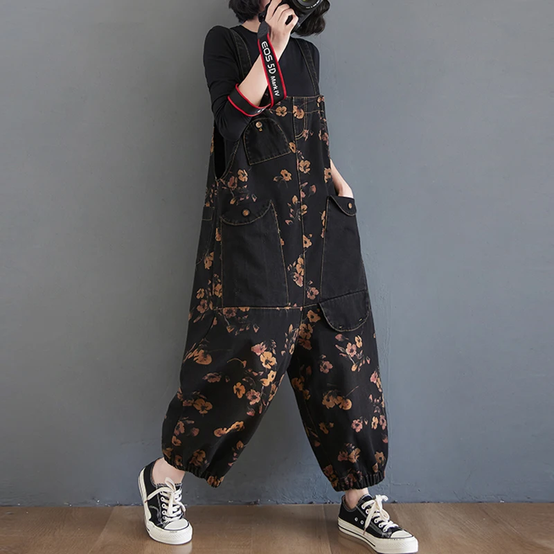 Vintage Print Floral Denim Jumpsuit Women Loose Wide Leg Baggy Straps Cargo Pants Streetwear Big Size Black Jeans Overalls Femme