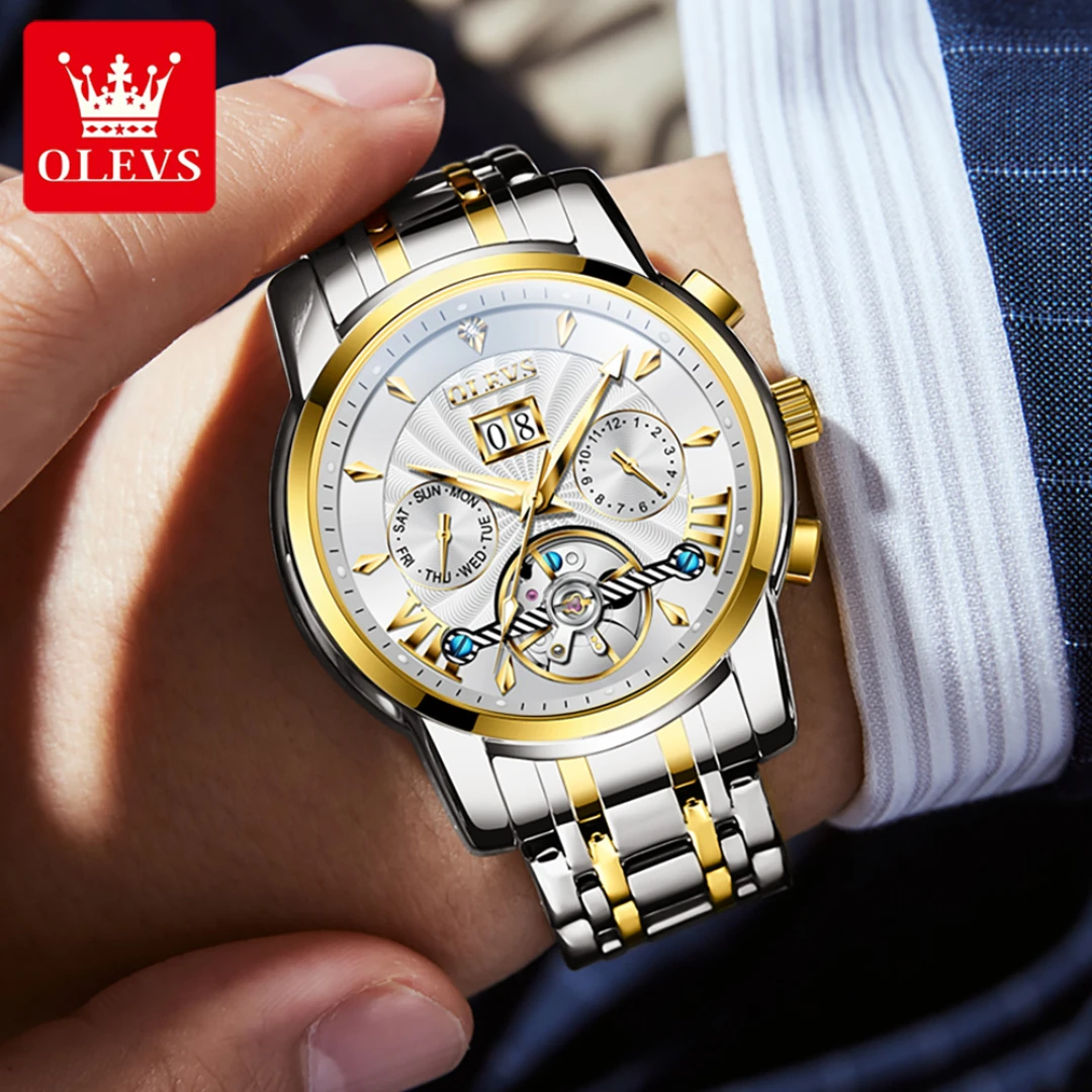 OLEVS 9965 reloj mecánico de moda regalo esfera redonda correa de reloj de pulsera de acero inoxidable pantalla de mes calendario de visualización semanal