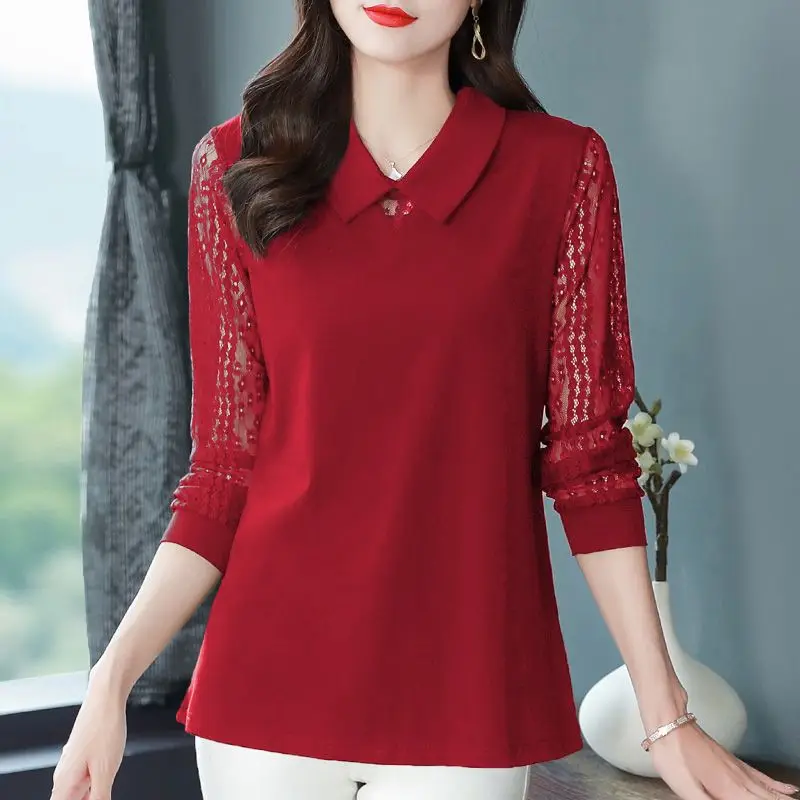 Spring and Autumn Women\'s Solid Color Doll Neck Pullover with Lace Loose Fit Long Sleeve T-shirt Fashion Elegant Commuter Tops