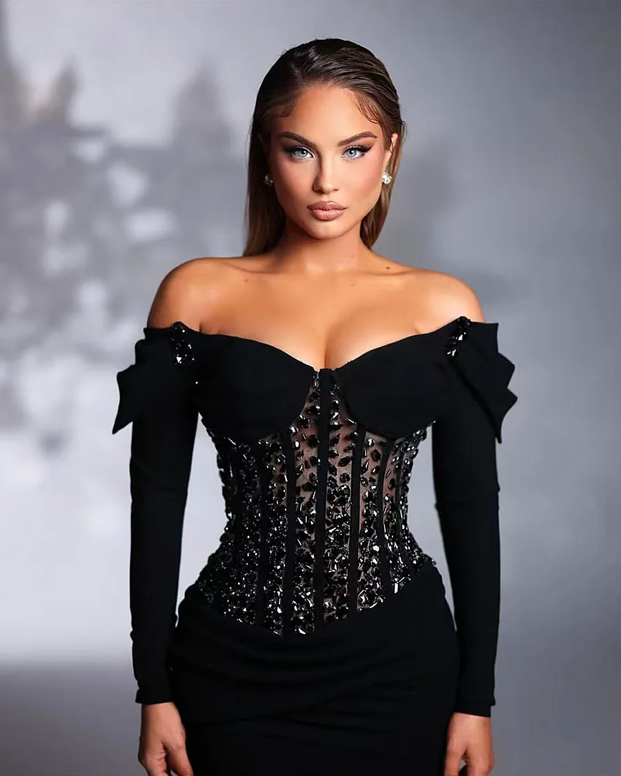 Sexy Mermaid Evening Dresses Black Long Sleeve Crystal Prom Gown Corset Off The Shoulder Satin Surface Shining Sequins Dress