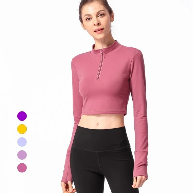 Spring Summer Long-sleeved Tight Yoga Clothes T-shirt Female Beauty Back Half Zipper Sports T-shirt Exposed Navel Fitness