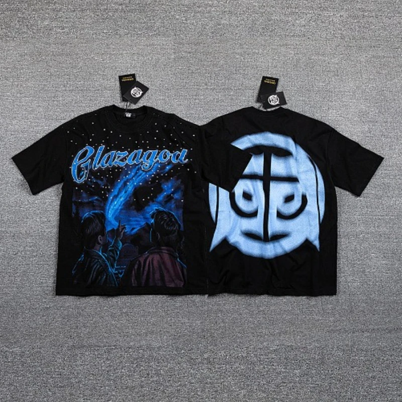 Glaza god new summer American streetwear retro distressed water-washed vintage letter print sequined short-sleeved T-shirt