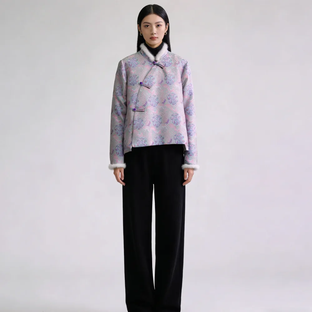 

Chinese Style Jacquard Imitation Mink Fur Coat Women's Cotton Jacket With Button Closure And Diagonal Placket Vintage Jacket