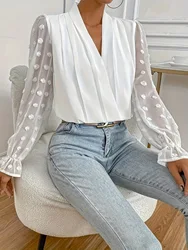 White Lace Blouse Women Spring Summer Sexy Jacquard Long Sleeve Patchwork V-neck Loose Tops Elegant Office Casual Shirt Blusa