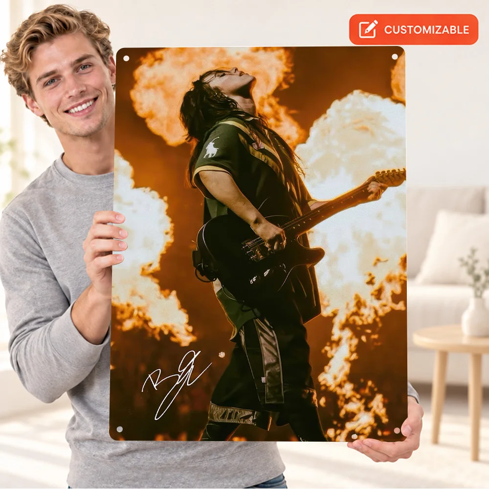 Billie Eilish Performing With Guitar And Flames Aluminum Poster Customized Metal Sign Color Photography Wall Art For Home Office