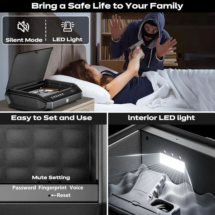 آمن مع شاشة LCD، مسدس وصول سريع 0.1 ثانية آمن لـ 24 مسدسًا، صندوق قفل مسدس اليد مع لوحة مفاتيح بصمة الإصبع وإعادة شحن المفاتيح