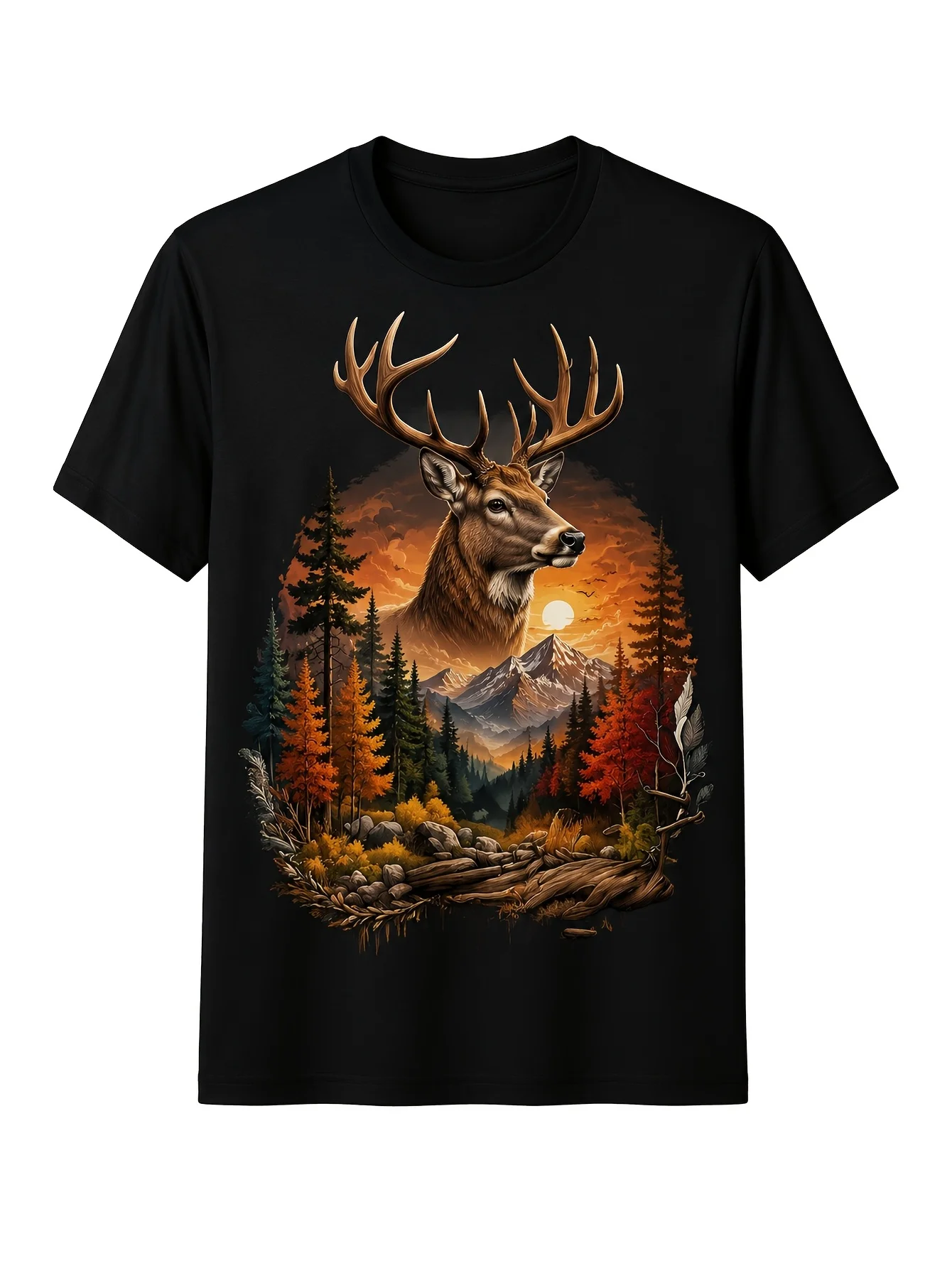 Men's Country Deer & Mountain T-Shirt - Vintage Crew Neck with Deer & Mountain Sunset Patterns for Casual Wear, Machine Washable Outdoor Apparel for Everyday Use
