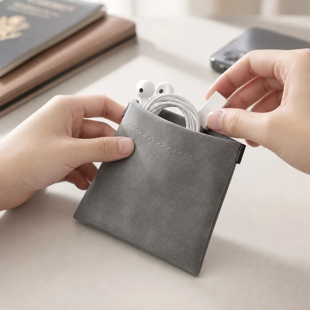 Earbud Storage Pouch PU Spring Frame, Squeeze Opening, Compact Cable Organizer, Small Electronic Accessories, Pocket Travel Case