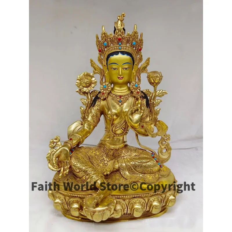 33CM large Tibet Nepal GOOD god Buddha statue Buddhism Family patron saint goddess Green Tara Guanyin Buddha copper gold-plating