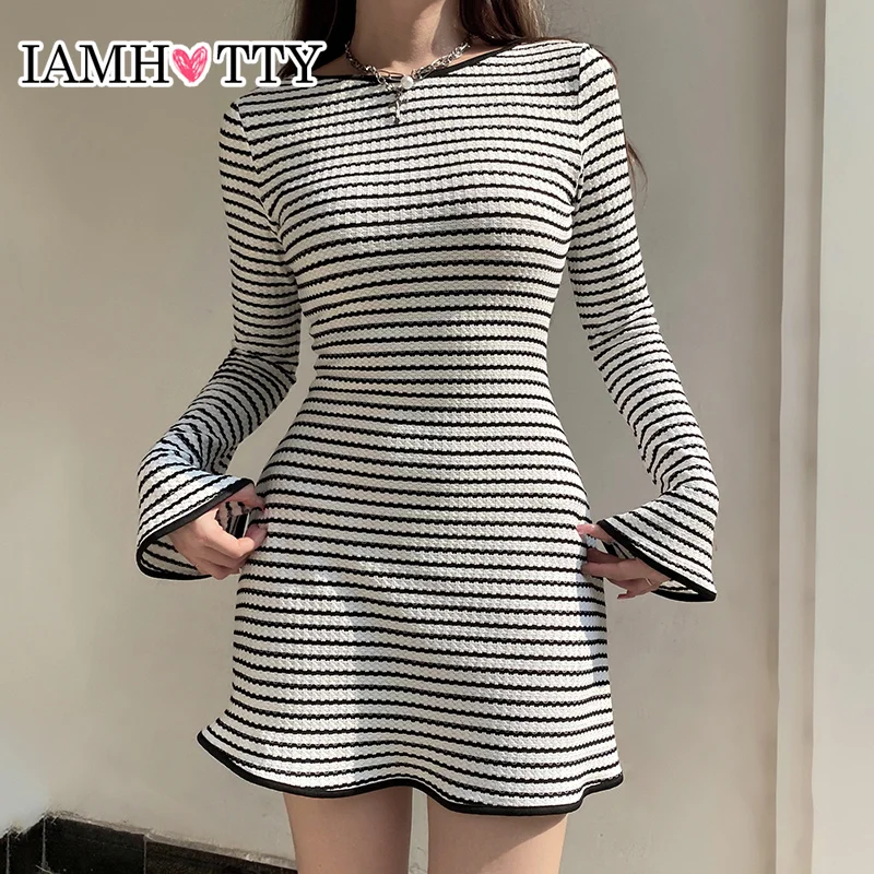 IAMHOTTY Elegant Striped A-line Dress Contrast Edge Flare Long Sleeve Mini Dresses Holiday Party Slim-fitting Outfit Women