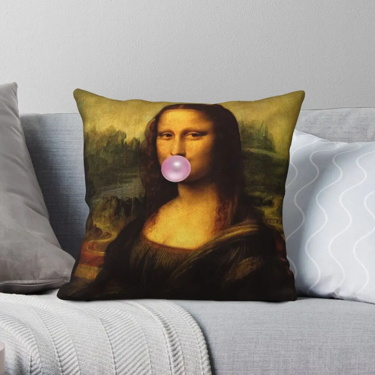 

Da Vinci Mona Lisa Bubble Gum Square Pillowcase Polyester Linen Velvet Creative Zip Decor Car Cushion Cover Wholesale